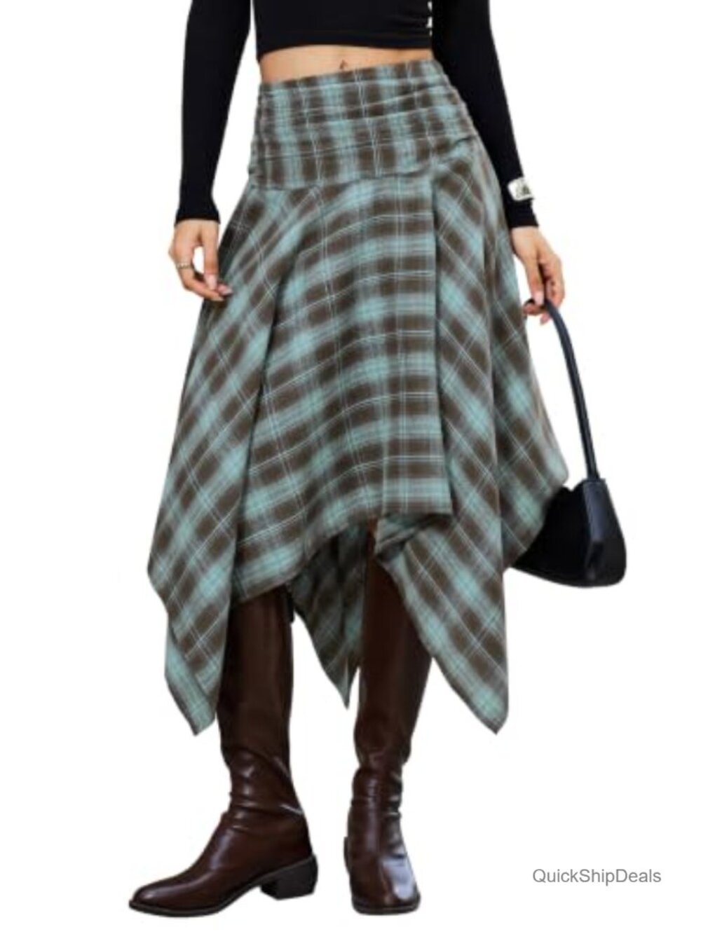 Plaid Asymmetrical Handkerchief Hem Midi Skirt High Waist Ruched Y2K